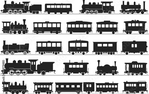 Vector, Illustration, Set, of, Vintage, Steam, Train, Silhouettes, for, Transport, Identity, Branding, Railway, History, Professional, Graphic, Design, Projects, Collection, Icon, Locomotive, Elements