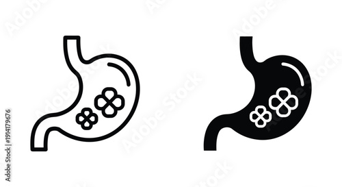 Stomach with parasites icon set in black and white style