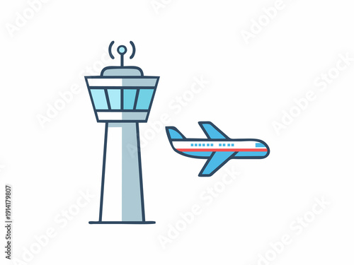 Airport Control Tower and Airplane Flight Flat Vector Icon