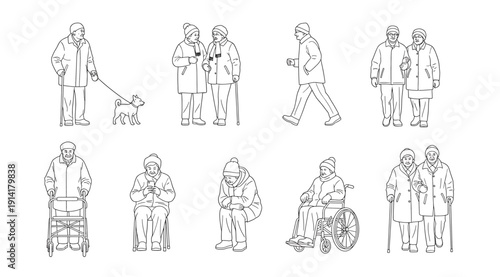 A group of people in various poses and actions