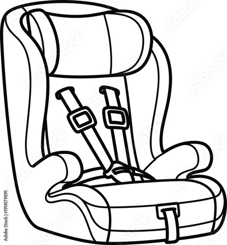 Black and white line of a child car seat with harness safety seat