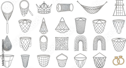 Basket and Net Line Art Vector Set Featuring Wireframe Containers, Woven Traps, Storage Baskets, and Handcrafted Utility Designs