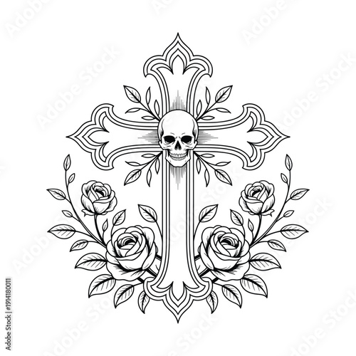Intricate gothic cross adorned with a human skull and blooming roses illustration