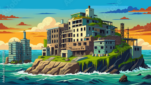 Very beautiful abandoned concrete skyline of Hashima Island rising from the ocean, weathered buildings standing against open sea and sky.