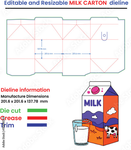 Milk Carton Dieline Template With Manufacturing Dimensions And Visual Representation vector illustration.