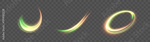 Set of abstract green and golden light trails, glowing magic swirls and neon energy arcs isolated on transparent background.
