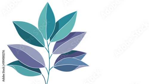 Elegant branch with several overlapping leaves in shades of teal blue and purple shown as a clean vector graphic for nature decoration.