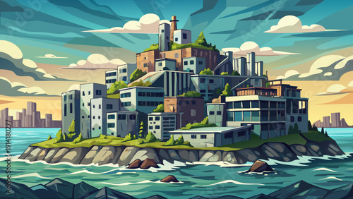 Very beautiful abandoned concrete skyline of Hashima Island rising from the ocean, weathered buildings standing against open sea and sky.