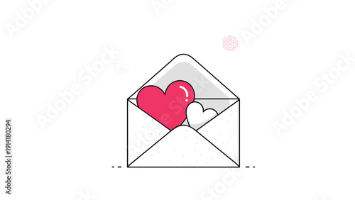 Romantic white envelope opened to reveal two hearts inside one pink and one white for valentines day or wedding invitation concepts.