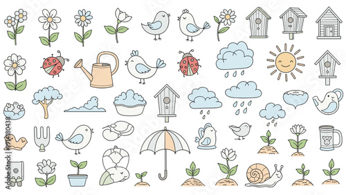 Comprehensive set of colorful spring and garden icons including flowers birds birdhouses clouds and ladybugs for seasonal design projects.