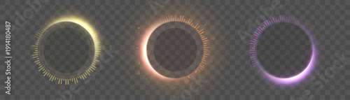 Set of three glowing light rings in yellow, orange, and purple with soft haze and halo bloom, isolated on transparent background. Abstract energy portal circle elements for overlays and visual effects