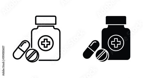 Medical bottle and pills icon set with cross symbol in black and white style