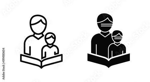 Father and child reading together in simple line art illustration with copy space