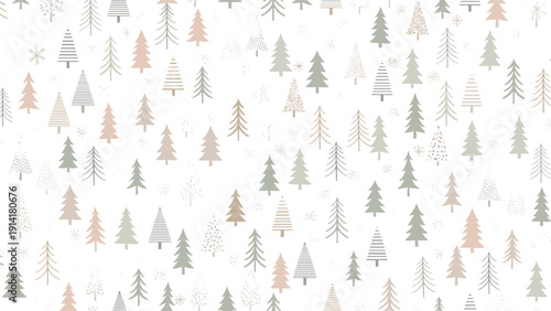 Decorative pattern of various stylized pine and fir trees in muted shades of green and brown for winter and forest themed backgrounds.
