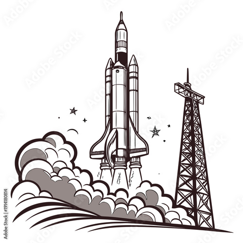 Monochrome engineering style of a rocket launch space