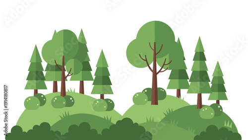 Beautiful flat illustration of a lush forest landscape with various green trees and bushes on rolling hills under a white sky.