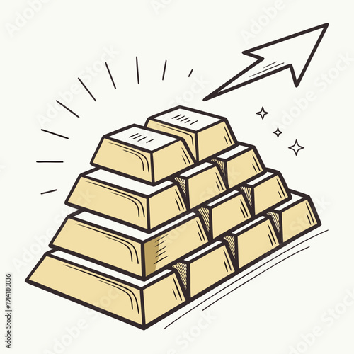 Gold bars stacked in pyramid with rising arrow wealth