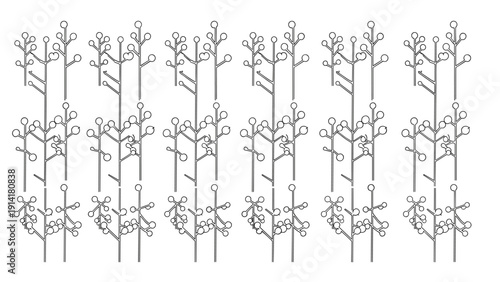 Dense pattern of stylized trees with branching stems and round tips shown in a clean black and white graphic style for textile design.