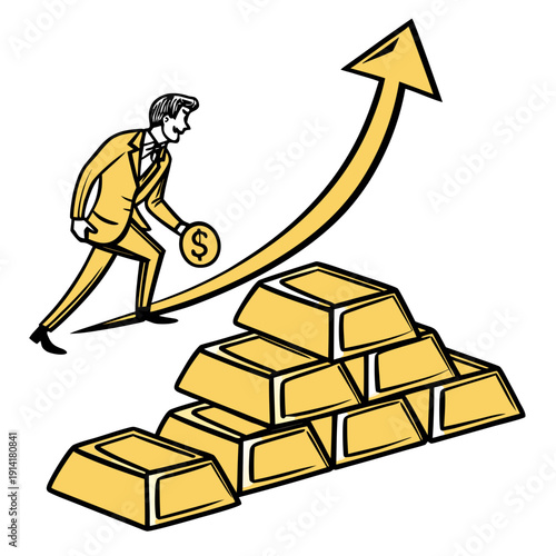 Gold bars forming smooth upward arrow with businessman holding dollar coin