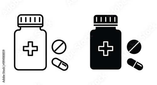 Medical bottle and pills icon set in black and white style