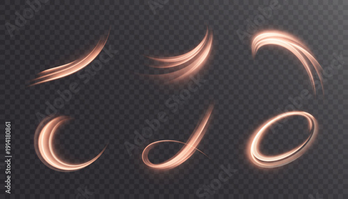 Set of glowing orange light swoosh strokes and rings with smooth motion blur, isolated on transparent background. Warm curved light trails for speed effects and abstract design overlays.