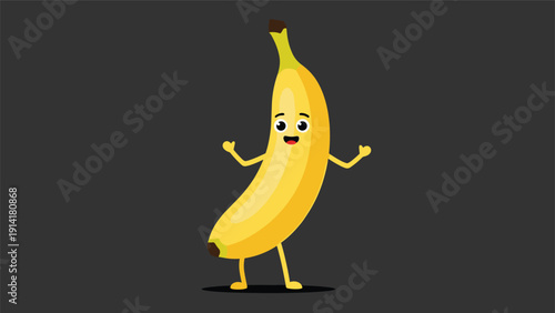 Cheerful cartoon banana character with a happy face and expressive arms and legs for healthy snack marketing or children education.