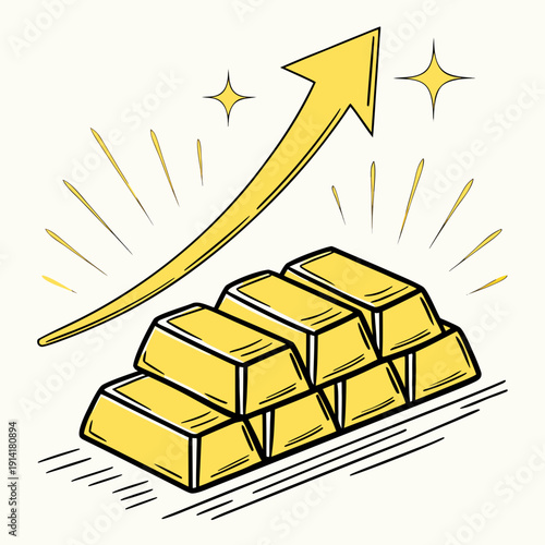 Gold bars stacked with rising arrow and starburst gold bullion