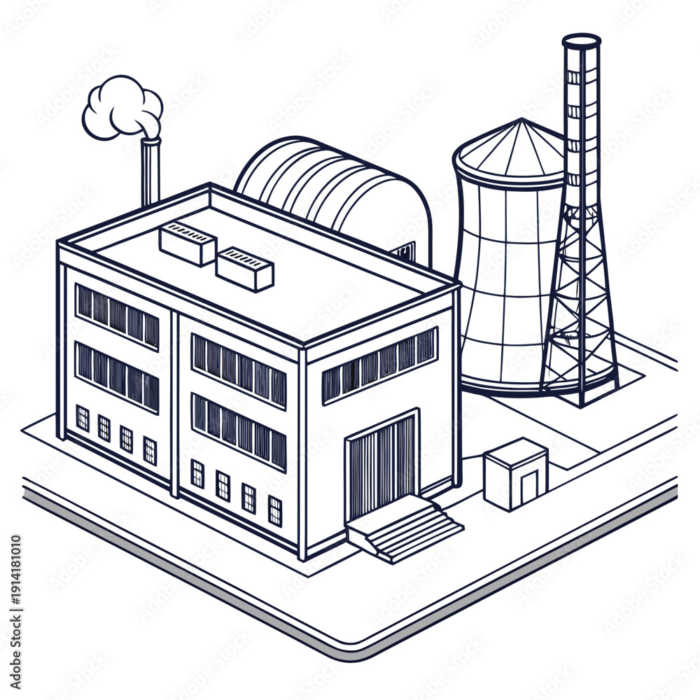 Fototapeta premium Isometric view of a nuclear power plant with cooling tower and reactor building