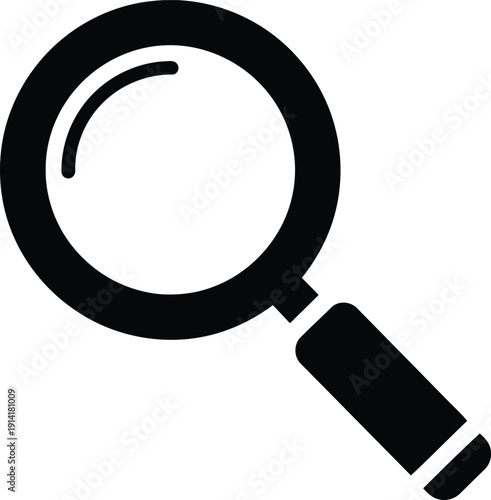 Magnifying glass icon with simple handle and glass reflection for search and discovery concepts isolated black silhouette