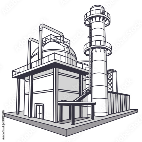 Industrial reactor plant with smokestack and pipes