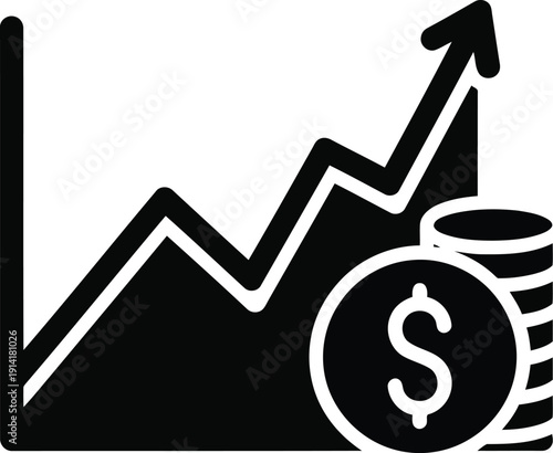 Business growth graph with stack of coins and dollar sign currency symbol showing financial profit and rising economic data