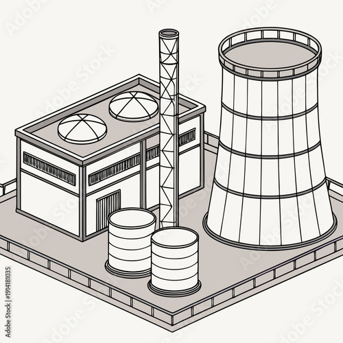 Isometric view of a nuclear power plant with cooling tower and reactor building 1