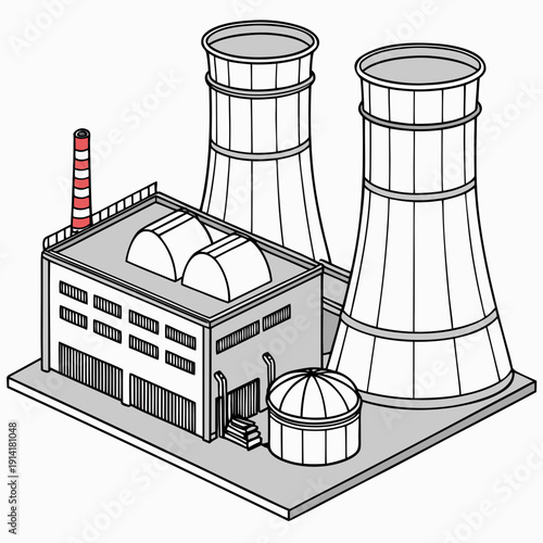 Isometric view of a nuclear power plant with cooling towers