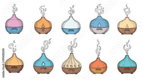 Collection of ten colorful essential oil diffusers in various designs emitting aromatic steam for wellness and aromatherapy concepts.