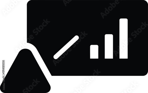 Presentation screen with graph bars and line chart and triangle pointer symbol for business strategy and analysis