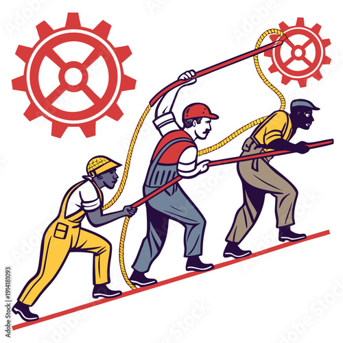 Men pulling rope to turn gear wheels in unison teamwork