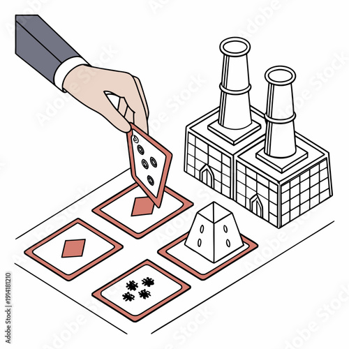 Hand placing die on industrial factory floor plan dice
