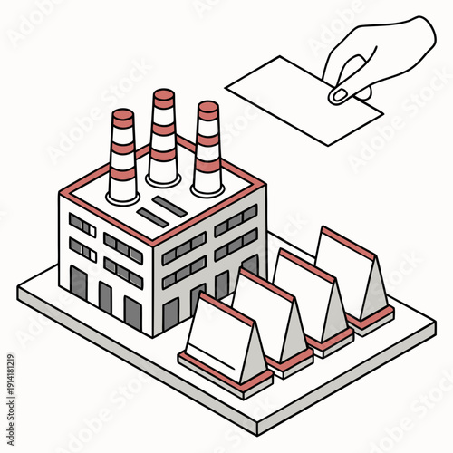 Isometric of hand placing card near factory buildings with smokestacks
