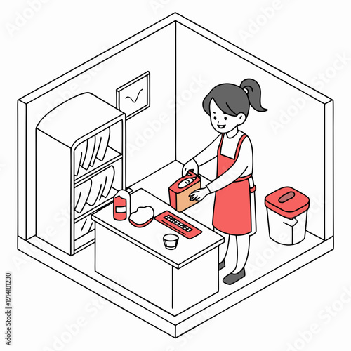Young woman preparing a quick, healthy breakfast in a compact, modern kitchen, focused on efficiency and a busy morning routine.