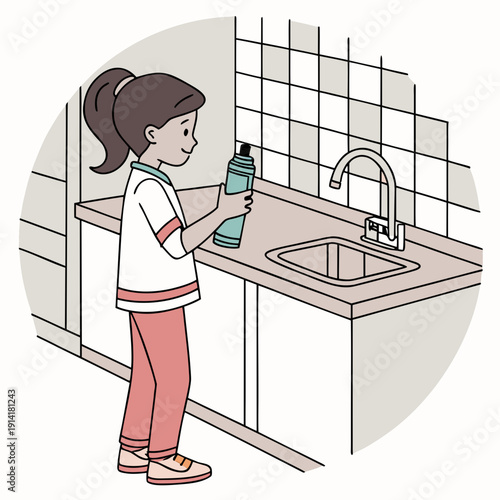 Woman refilling reusable water bottle at kitchen sink, promoting sustainability and eco-friendly hydration habits in a modern home.