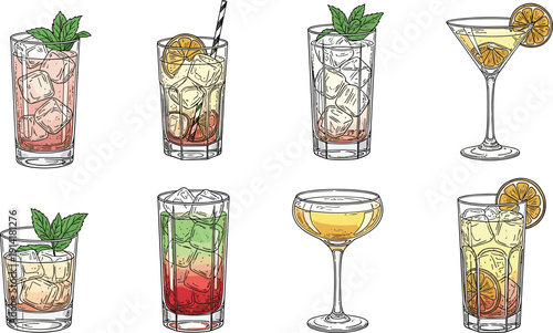 Hand drawn vector set of tropical summer cocktails with ice cubes mint leaves and citrus slices isolated on white background for restaurant menu design