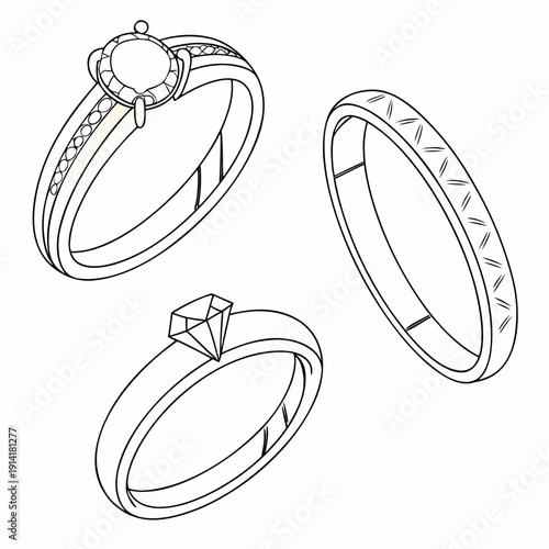 Minimalist line of gold rings with diamond and engraved bands