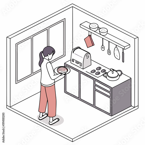 Young woman preparing a quick, healthy breakfast in a compact, modern kitchen, focused on efficiency and a busy morning routine.