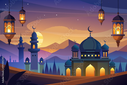 Ramadan Kareem Vector Background with Glowing Lanterns, Moon, and Mosque Night Landscape
 Generative Ai.