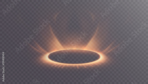 A glowing orange ring of a portal, a podium with rising rays of light and soft haze, isolated on a transparent background. The effect of a warm energy halo with a smooth radial glow.