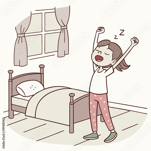A young woman gracefully stretching her arms beside her bed, welcoming the morning and a new day with renewed vigor.