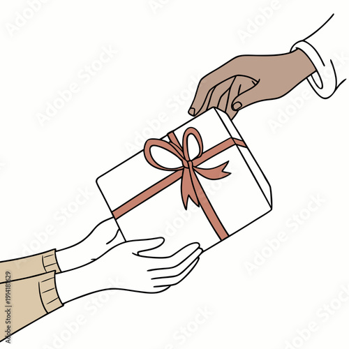 Hands exchanging wrapped gift box with brown ribbon