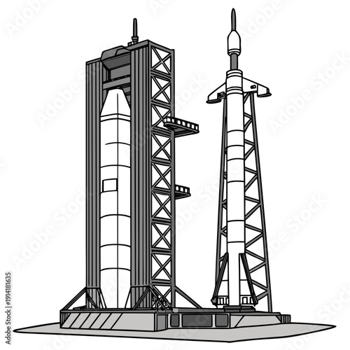 Gray of space launch vehicle on launchpad with service tower