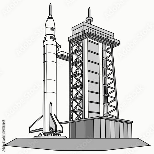 Grayscale of rocket on launchpad with service tower