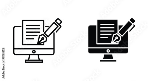 Computer monitor with document and pencil icon set in modern flat design